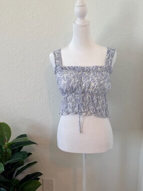 Heartloom Tayla Floral Smocked Crop Top Blue White Large Boho